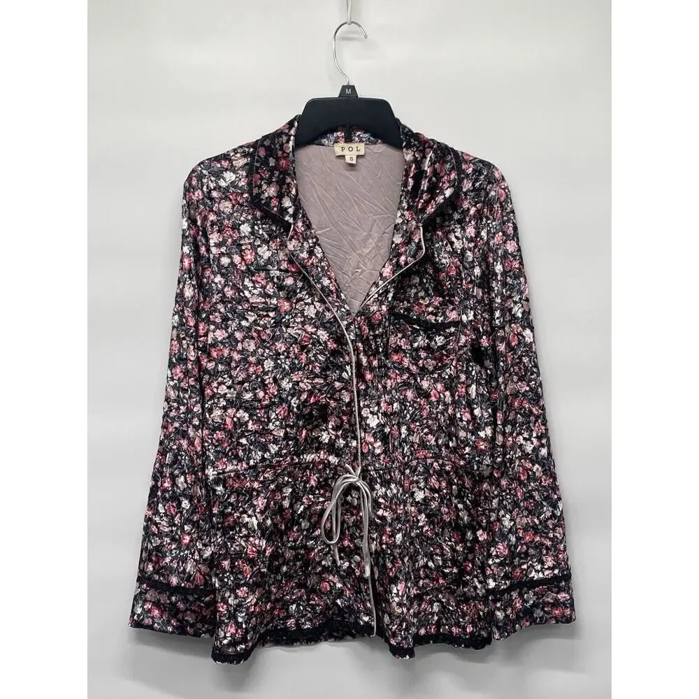 POL Women’s Floral Velvet Kimono Drawstring Waist Pajama Top Sz S‎